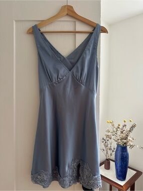 Silky Blue Lace-Trim Slip Dress